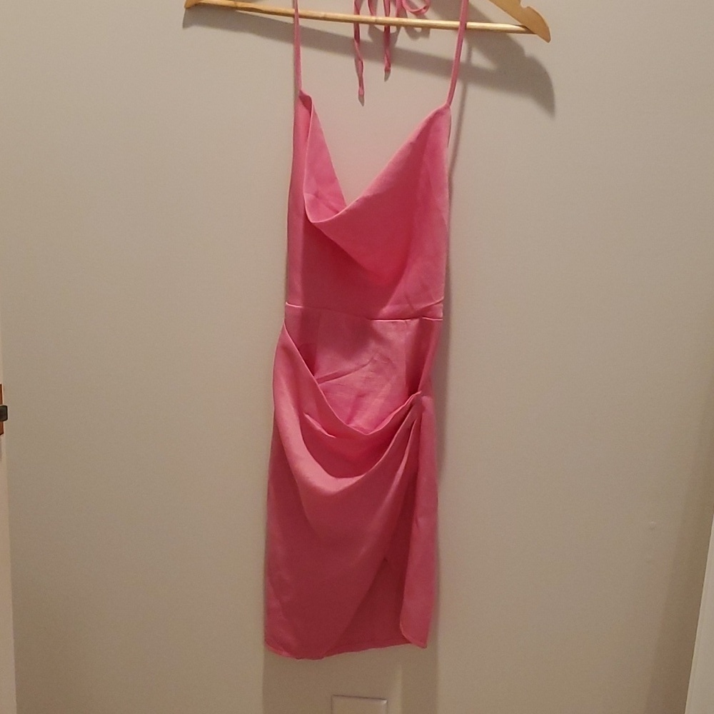 NWT Princess Polly ENSLEY Mini Dress Pink Slit Wrap Halter Thin S… (49)